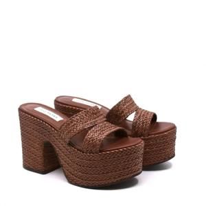 NEW STEVE MADDEN women's round toe platform raffia heel in brown